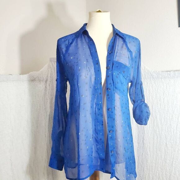 Express Blue Star Print Sheer Blouse Size Small - Picture 5 of 8